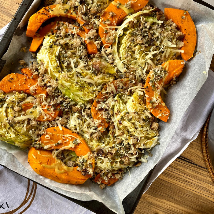 Savoy cabbage and butternut roasted with cheddar and rye