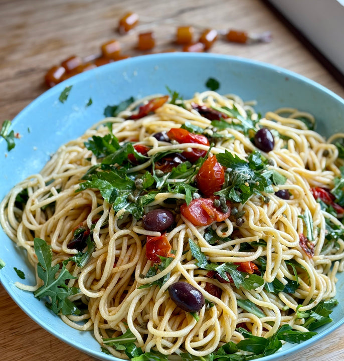 Roasted Tomato Pasta, Olives, Capers, and Greek Cheese
